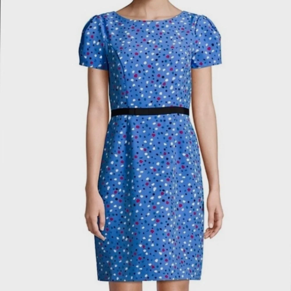 ISAAC MIZRAHI BLUE SHORT SLEEVE CONFETTI DRESS  RIBBON BELT - Picture 16 of 16